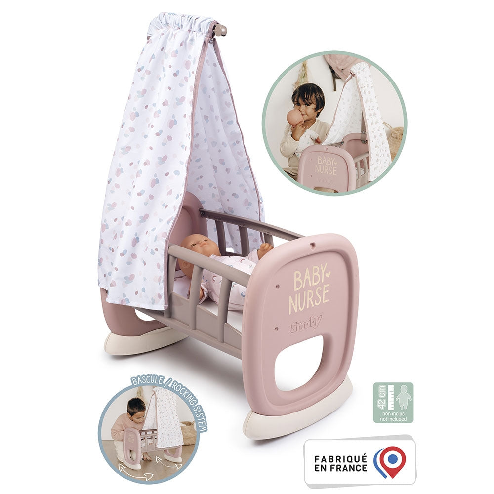 Leagan pentru papusa Smoby Baby Nurse Cradle maro cu baldachin - gogobaby.ro