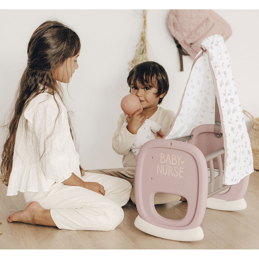 Leagan pentru papusa Smoby Baby Nurse Cradle maro cu baldachin - gogobaby.ro