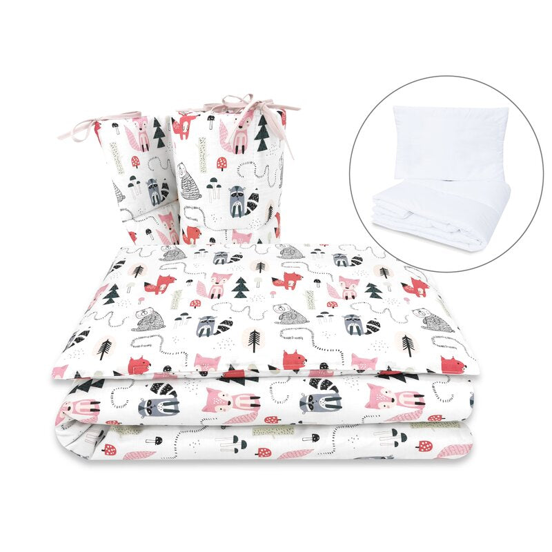 Lenjerie patut cu 5 piese, MimiNu, Pentru patut 120x60 cm, Cu pilota si perna, Din bumbac certificat Oeko Tex Standard 100, Fox - gogobaby.ro