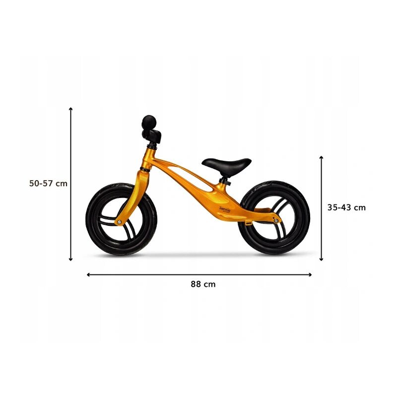 Bicicleta fara pedale, Lionelo, Bart, Usoara, Cu cadru din magneziu, Cu ghidon si sa reglabile, Greutate 3 Kg, 12 inch, Conform cu standardul european de securitate EN71, Auriu - gogobaby.ro