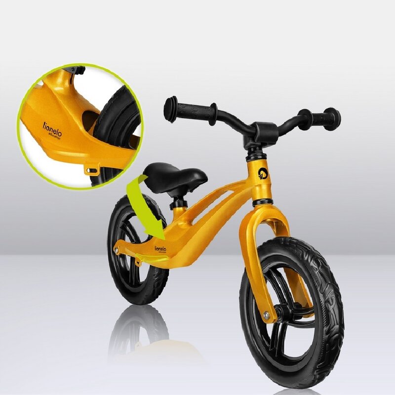 Bicicleta fara pedale, Lionelo, Bart, Usoara, Cu cadru din magneziu, Cu ghidon si sa reglabile, Greutate 3 Kg, 12 inch, Conform cu standardul european de securitate EN71, Auriu - gogobaby.ro