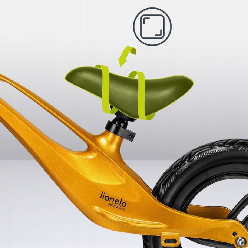 Bicicleta fara pedale, Lionelo, Bart, Usoara, Cu cadru din magneziu, Cu ghidon si sa reglabile, Greutate 3 Kg, 12 inch, Conform cu standardul european de securitate EN71, Auriu - gogobaby.ro