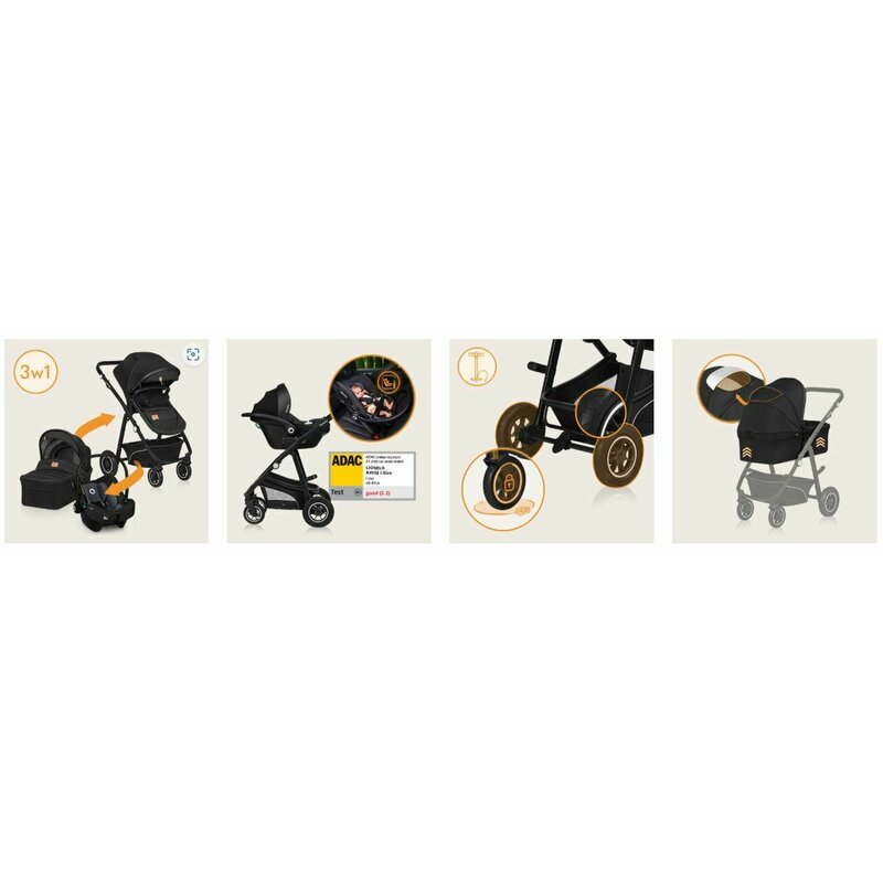 Carucior 3 in 1, Lionelo, Bianka, Transformabil, Cadru aluminiu, Cu landou si salteluta moale, Cu scoica auto testata ADAC, Cu multiple accesorii, Sustine 22 kg, 0 luni+, EN1466:2014+AC:2015, EN1888, Negru - gogobaby.ro