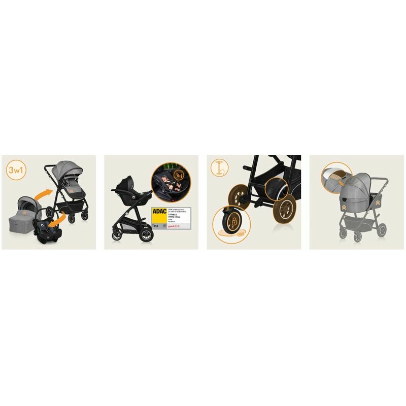 Carucior 3 in 1, Lionelo, Bianka, Transformabil, Cadru aluminiu, Cu landou si salteluta moale, Cu scoica auto testata ADAC, Cu multiple accesorii, Sustine 22 kg, 0 luni+, EN1466:2014+AC:2015, EN1888, Gri - gogobaby.ro