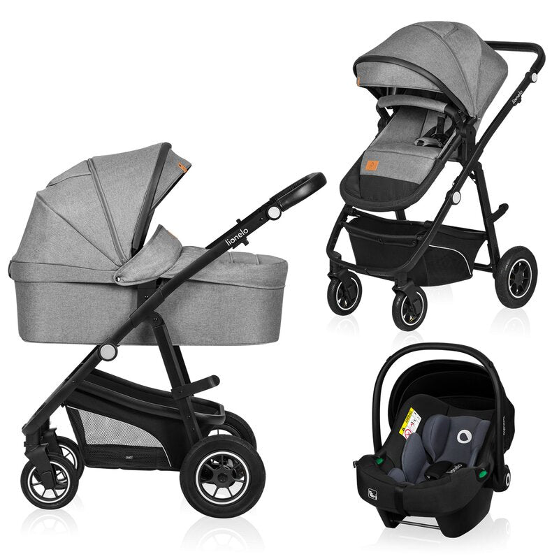 Carucior 3 in 1, Lionelo, Bianka, Transformabil, Cadru aluminiu, Cu landou si salteluta moale, Cu scoica auto testata ADAC, Cu multiple accesorii, Sustine 22 kg, 0 luni+, EN1466:2014+AC:2015, EN1888, Gri - gogobaby.ro