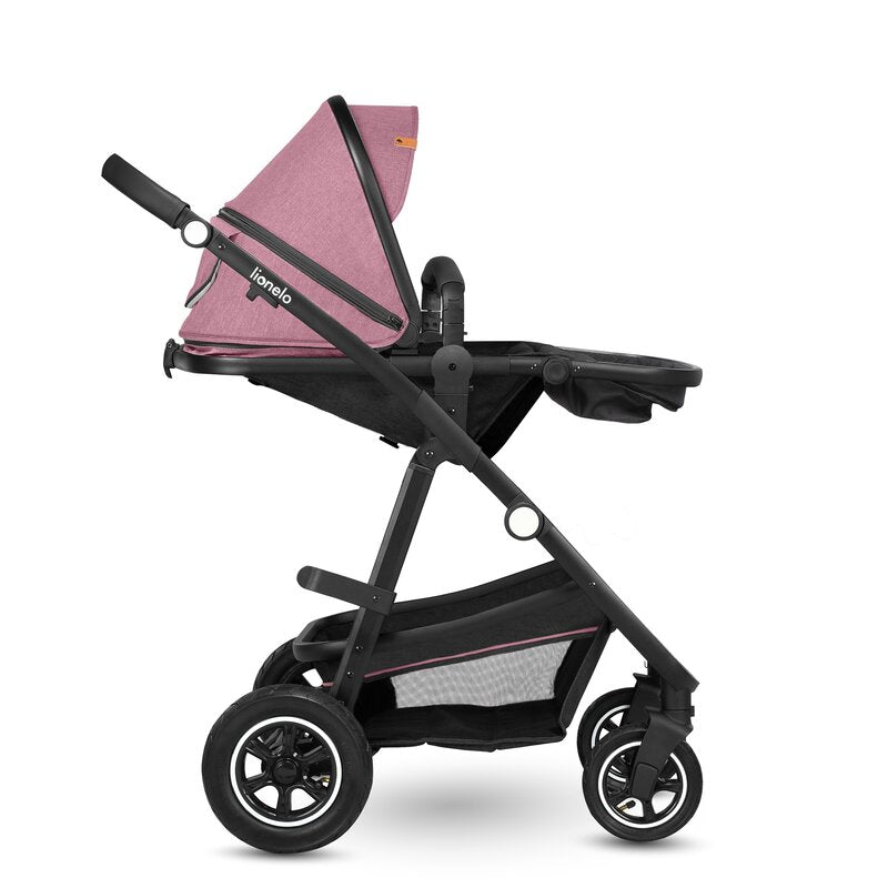 Carucior 2 in 1, Lionelo, Amber, Cadru aluminiu, Cu landou intarit si salteluta moale, Reversibil, Maner ajustabil, Huse pentru picioare, ploaie, Plasa de tantari, Geanta parinti, Pana la 22 kg, EN1888-1, EN1888-2, EN1466, Roz - gogobaby.ro