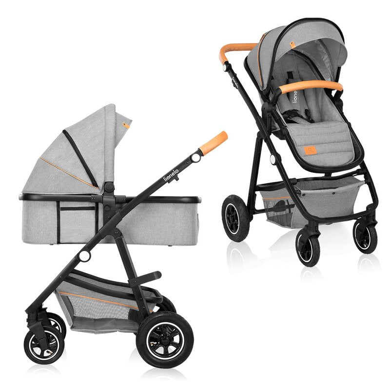 Carucior 2 in 1, Lionelo, Amber, Cadru aluminiu, Cu landou intarit si salteluta moale, Reversibil, Maner ajustabil, Huse pentru picioare, ploaie, Plasa de tantari, Geanta parinti, Pana la 22 kg, EN1888-1, EN1888-2, EN1466, Gri deschis - gogobaby.ro