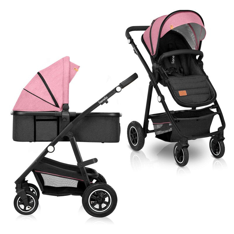 Carucior 2 in 1, Lionelo, Amber, Cadru aluminiu, Cu landou intarit si salteluta moale, Reversibil, Maner ajustabil, Huse pentru picioare, ploaie, Plasa de tantari, Geanta parinti, Pana la 22 kg, EN1888-1, EN1888-2, EN1466, Roz - gogobaby.ro