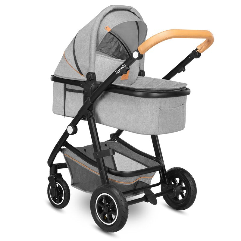 Carucior 2 in 1, Lionelo, Amber, Cadru aluminiu, Cu landou intarit si salteluta moale, Reversibil, Maner ajustabil, Huse pentru picioare, ploaie, Plasa de tantari, Geanta parinti, Pana la 22 kg, EN1888-1, EN1888-2, EN1466, Gri deschis - gogobaby.ro