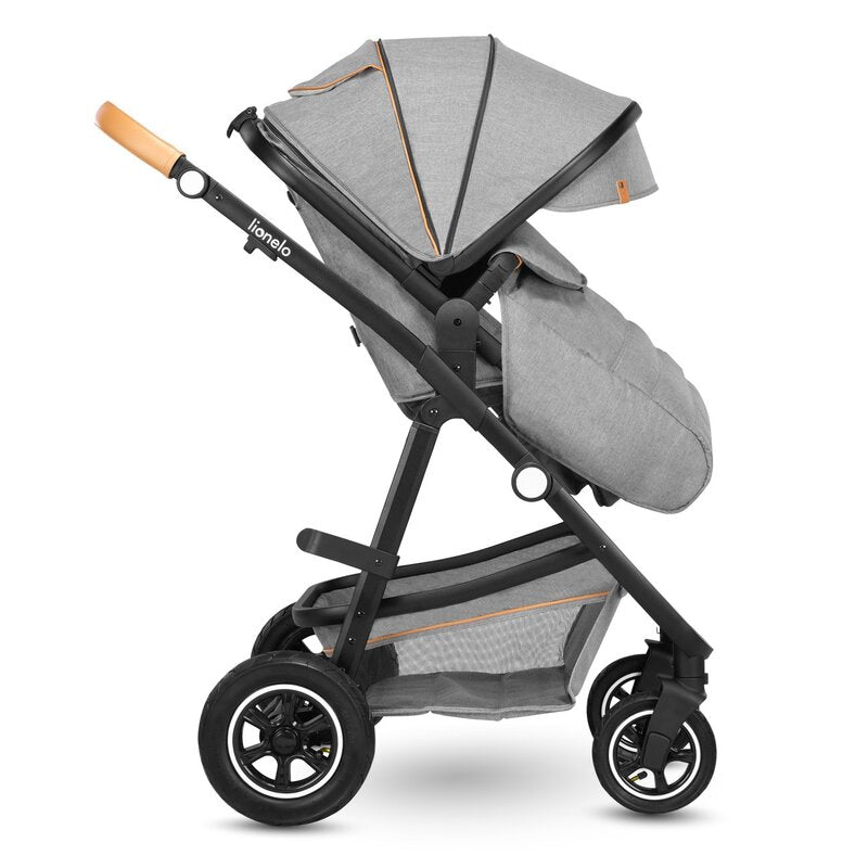 Carucior 2 in 1, Lionelo, Amber, Cadru aluminiu, Cu landou intarit si salteluta moale, Reversibil, Maner ajustabil, Huse pentru picioare, ploaie, Plasa de tantari, Geanta parinti, Pana la 22 kg, EN1888-1, EN1888-2, EN1466, Gri deschis - gogobaby.ro