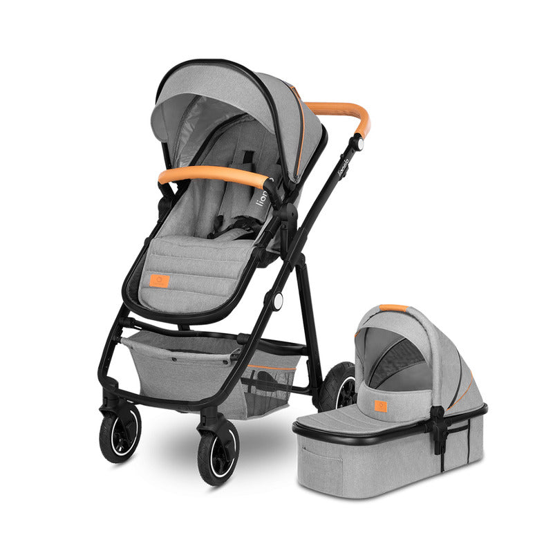 Carucior 2 in 1, Lionelo, Amber, Cadru aluminiu, Cu landou intarit si salteluta moale, Reversibil, Maner ajustabil, Huse pentru picioare, ploaie, Plasa de tantari, Geanta parinti, Pana la 22 kg, EN1888-1, EN1888-2, EN1466, Gri deschis - gogobaby.ro