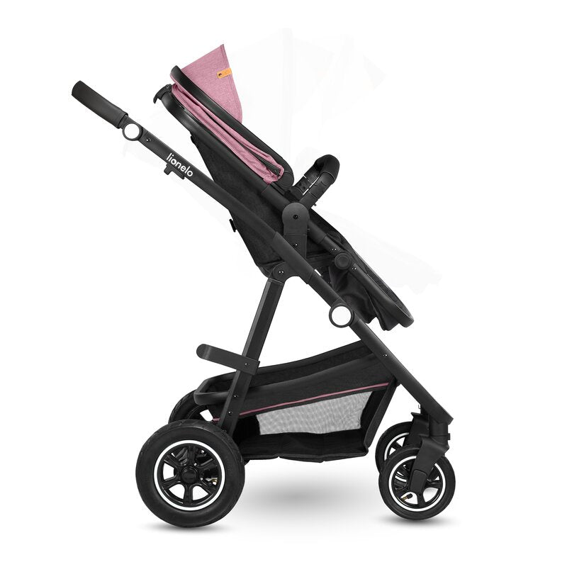 Carucior 2 in 1, Lionelo, Amber, Cadru aluminiu, Cu landou intarit si salteluta moale, Reversibil, Maner ajustabil, Huse pentru picioare, ploaie, Plasa de tantari, Geanta parinti, Pana la 22 kg, EN1888-1, EN1888-2, EN1466, Roz - gogobaby.ro