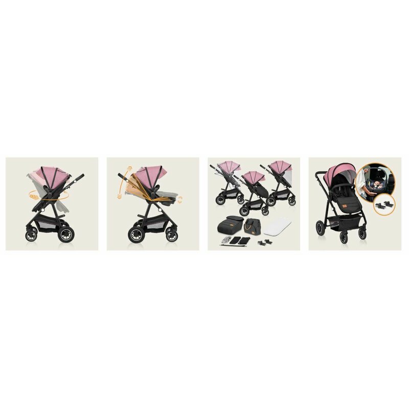 Carucior 2 in 1, Lionelo, Amber, Cadru aluminiu, Cu landou intarit si salteluta moale, Reversibil, Maner ajustabil, Huse pentru picioare, ploaie, Plasa de tantari, Geanta parinti, Pana la 22 kg, EN1888-1, EN1888-2, EN1466, Roz - gogobaby.ro