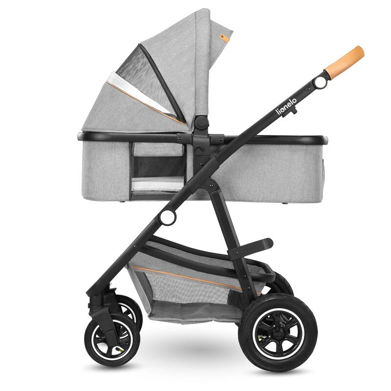 Carucior 2 in 1, Lionelo, Amber, Cadru aluminiu, Cu landou intarit si salteluta moale, Reversibil, Maner ajustabil, Huse pentru picioare, ploaie, Plasa de tantari, Geanta parinti, Pana la 22 kg, EN1888-1, EN1888-2, EN1466, Gri deschis - gogobaby.ro