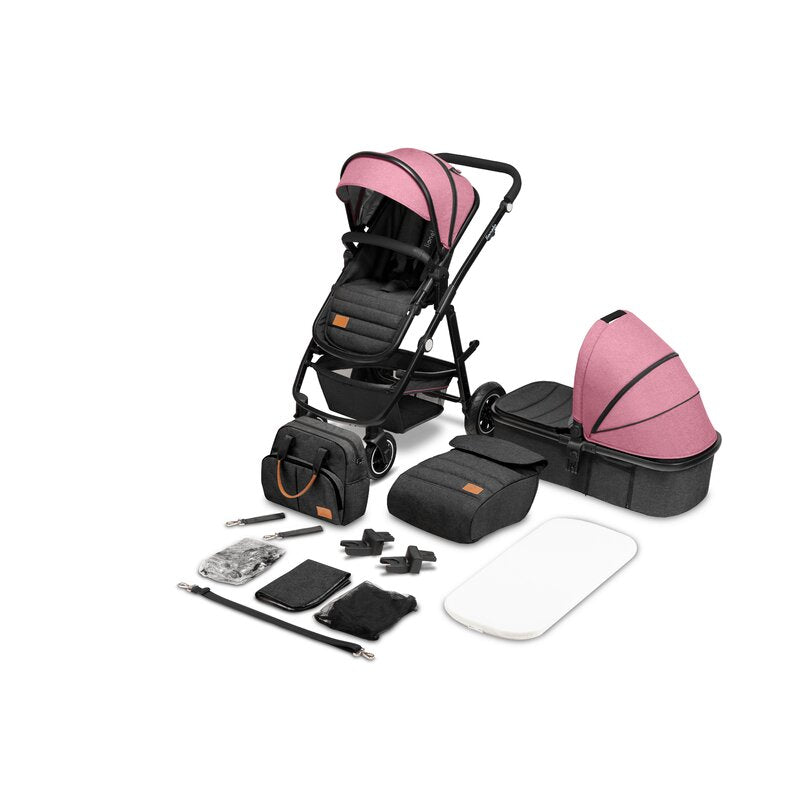 Carucior 2 in 1, Lionelo, Amber, Cadru aluminiu, Cu landou intarit si salteluta moale, Reversibil, Maner ajustabil, Huse pentru picioare, ploaie, Plasa de tantari, Geanta parinti, Pana la 22 kg, EN1888-1, EN1888-2, EN1466, Roz - gogobaby.ro