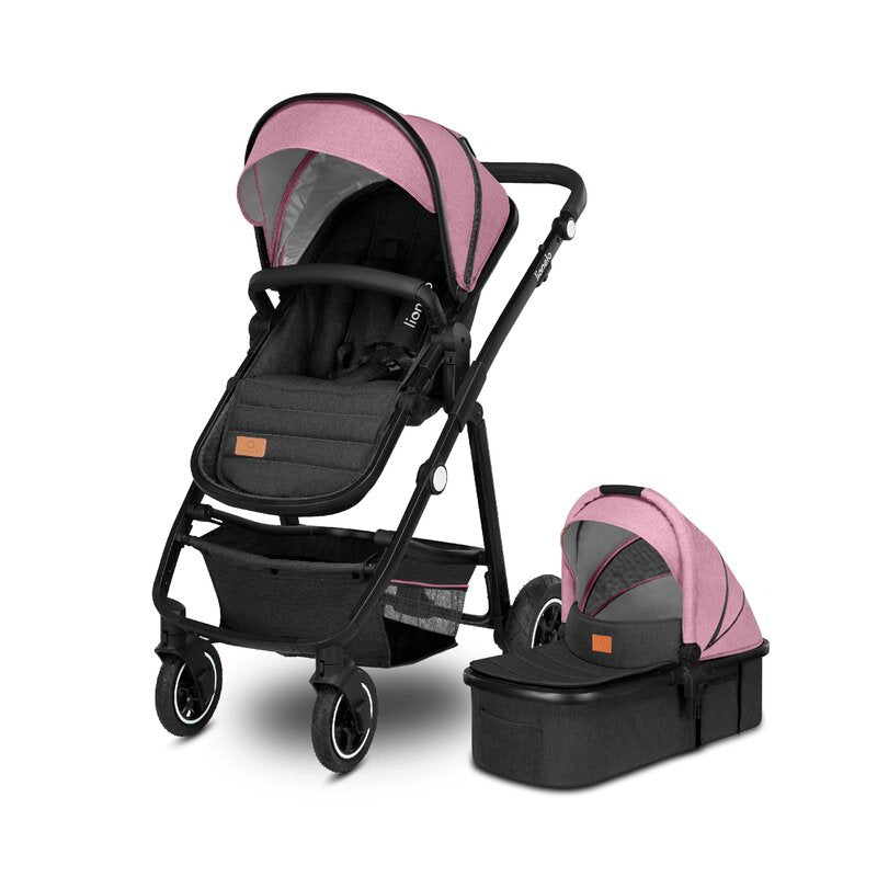 Carucior 2 in 1, Lionelo, Amber, Cadru aluminiu, Cu landou intarit si salteluta moale, Reversibil, Maner ajustabil, Huse pentru picioare, ploaie, Plasa de tantari, Geanta parinti, Pana la 22 kg, EN1888-1, EN1888-2, EN1466, Roz - gogobaby.ro
