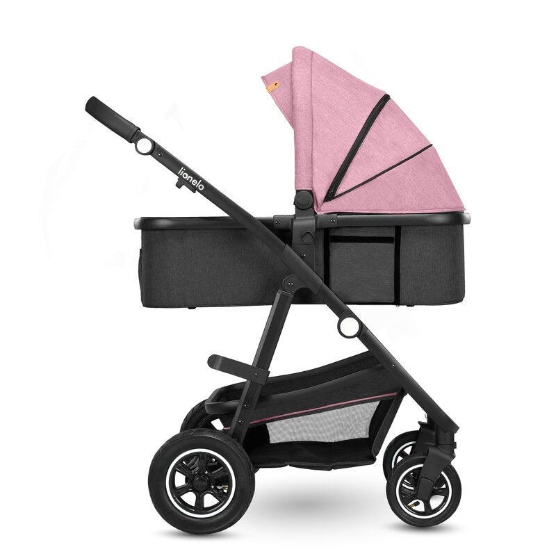 Carucior 3 in 1, Lionelo, Amber, Cadru aluminiu, Cu landou intarit si salteluta moale, Cu scoica auto testata ADAC, Reversibil, Cu accesorii, Geanta parinti, Pana la 22 kg, EN1888-1 EN1888-2 EN1466 ECE R129, Roz