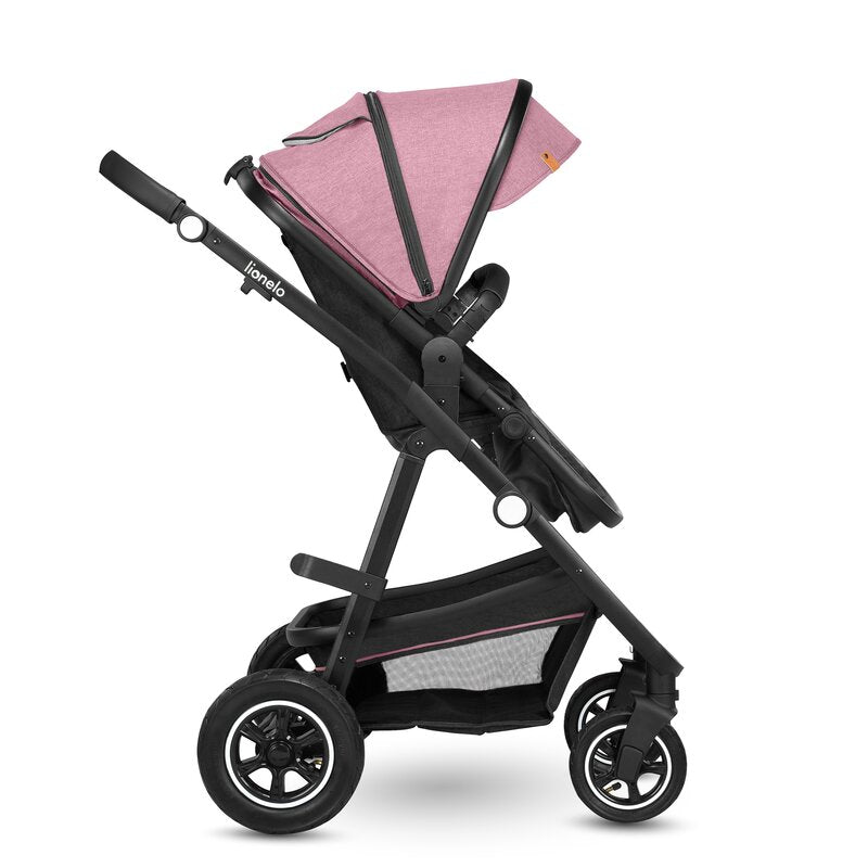 Carucior 3 in 1, Lionelo, Amber, Cadru aluminiu, Cu landou intarit si salteluta moale, Cu scoica auto testata ADAC, Reversibil, Cu accesorii, Geanta parinti, Pana la 22 kg, EN1888-1 EN1888-2 EN1466 ECE R129, Roz