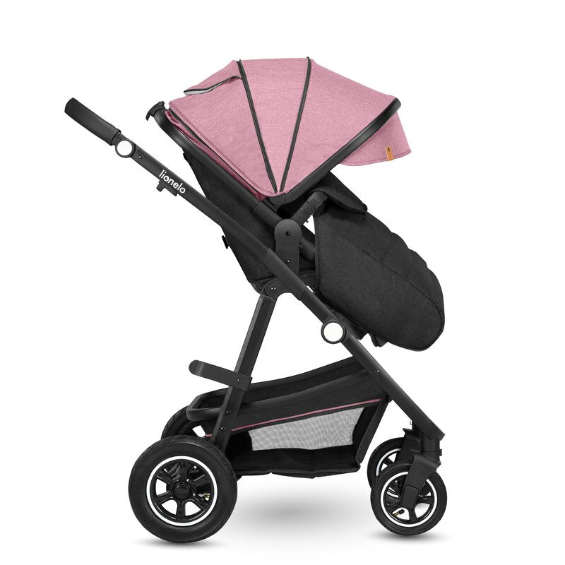 Carucior 3 in 1, Lionelo, Amber, Cadru aluminiu, Cu landou intarit si salteluta moale, Cu scoica auto testata ADAC, Reversibil, Cu accesorii, Geanta parinti, Pana la 22 kg, EN1888-1 EN1888-2 EN1466 ECE R129, Roz