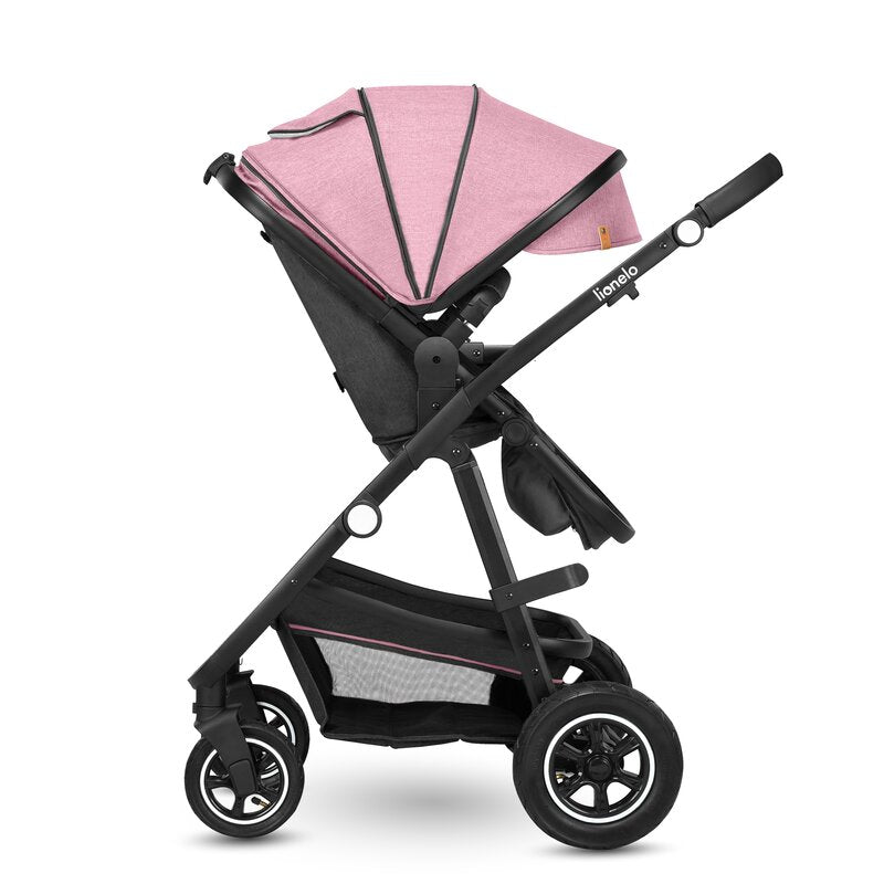 Carucior 3 in 1, Lionelo, Amber, Cadru aluminiu, Cu landou intarit si salteluta moale, Cu scoica auto testata ADAC, Reversibil, Cu accesorii, Geanta parinti, Pana la 22 kg, EN1888-1 EN1888-2 EN1466 ECE R129, Roz