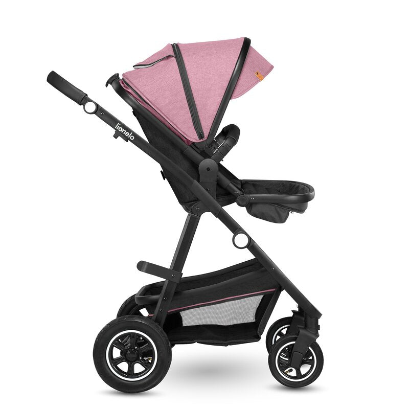 Carucior 3 in 1, Lionelo, Amber, Cadru aluminiu, Cu landou intarit si salteluta moale, Cu scoica auto testata ADAC, Reversibil, Cu accesorii, Geanta parinti, Pana la 22 kg, EN1888-1 EN1888-2 EN1466 ECE R129, Roz