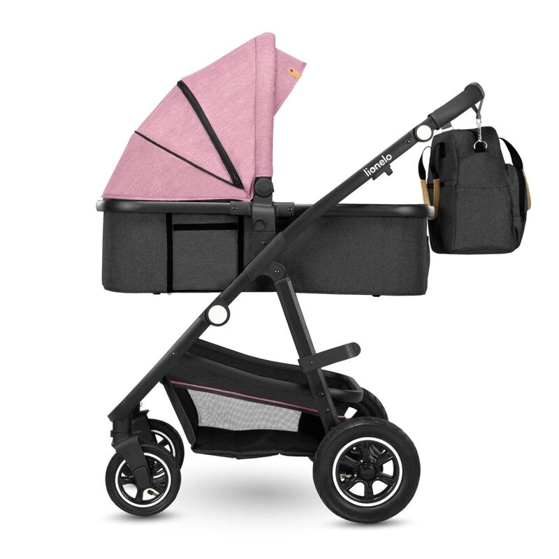 Carucior 3 in 1, Lionelo, Amber, Cadru aluminiu, Cu landou intarit si salteluta moale, Cu scoica auto testata ADAC, Reversibil, Cu accesorii, Geanta parinti, Pana la 22 kg, EN1888-1 EN1888-2 EN1466 ECE R129, Roz
