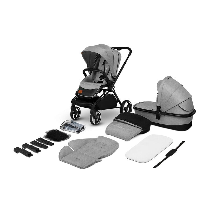 Carucior 2 in 1, Lionelo, Mika, Cadru din aluminiu, Cu landou intarit si salteluta moale, Reversibil, Maner ajustabil, Plasa de tantari, Husa de ploaie, de picioare, 22 kg, Conform cu standardele europene de securitate EN1888-1 EN1888-2, EN1466, Gri - gogobaby.ro