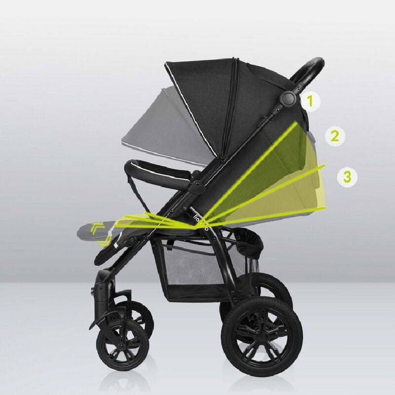 Carucior sport, Lionelo, Annet Tour, De la nastere, Cu capotina impermeabila, Cu filtru UPF 50+, Cu maner reglabil, Plasa de tantari, Suport biberon, Saculet pentru picioare, Pana la 22 kg, Cu certificare TUV, Negru - gogobaby.ro