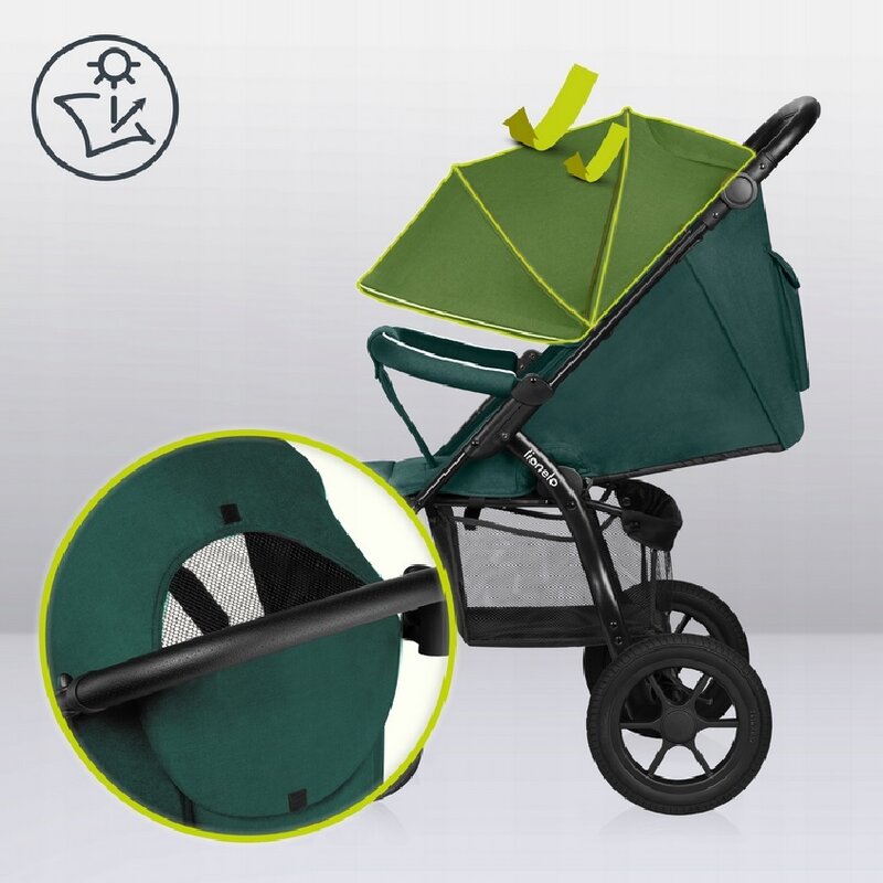 Carucior sport, Lionelo, Annet Tour, De la nastere, Cu capotina impermeabila, Cu filtru UPF 50+, Cu maner reglabil, Plasa de tantari, Suport biberon, Saculet pentru picioare, Pana la 22 kg, Cu certificare TUV, Verde - gogobaby.ro