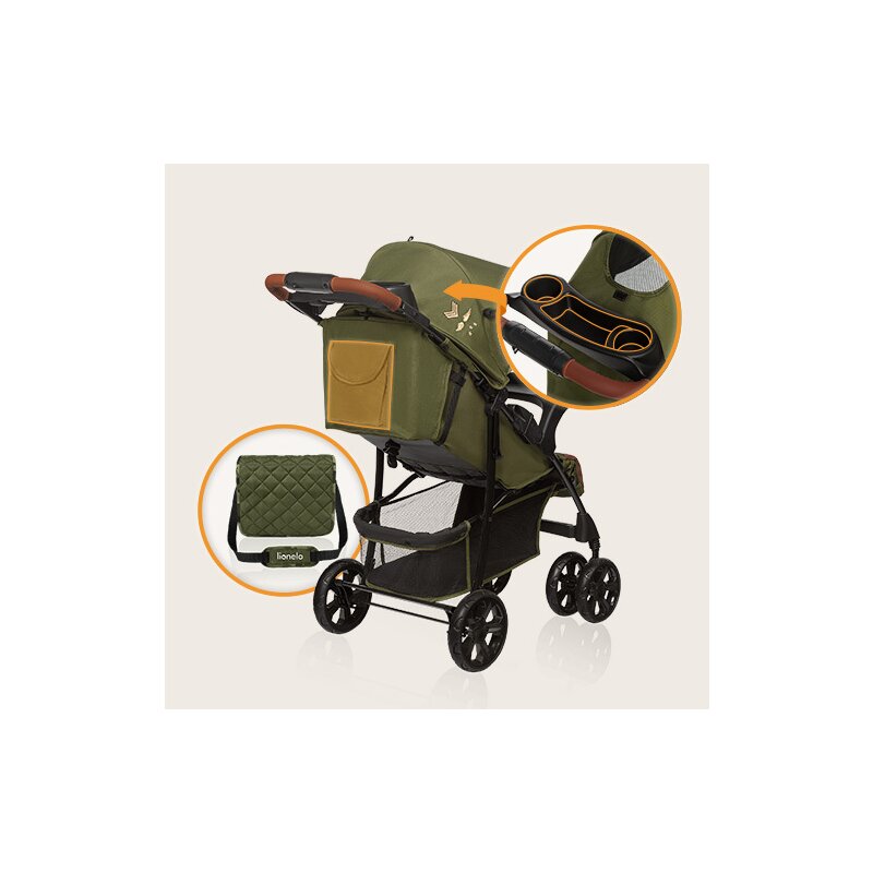 Carucior sport, Lionelo, Emma Plus, Cu tavita, 2 Suporturi pentru pahar, Geanta accesorii, Conform cu standardul european de securitate EN1888-1, Forest Green - gogobaby.ro