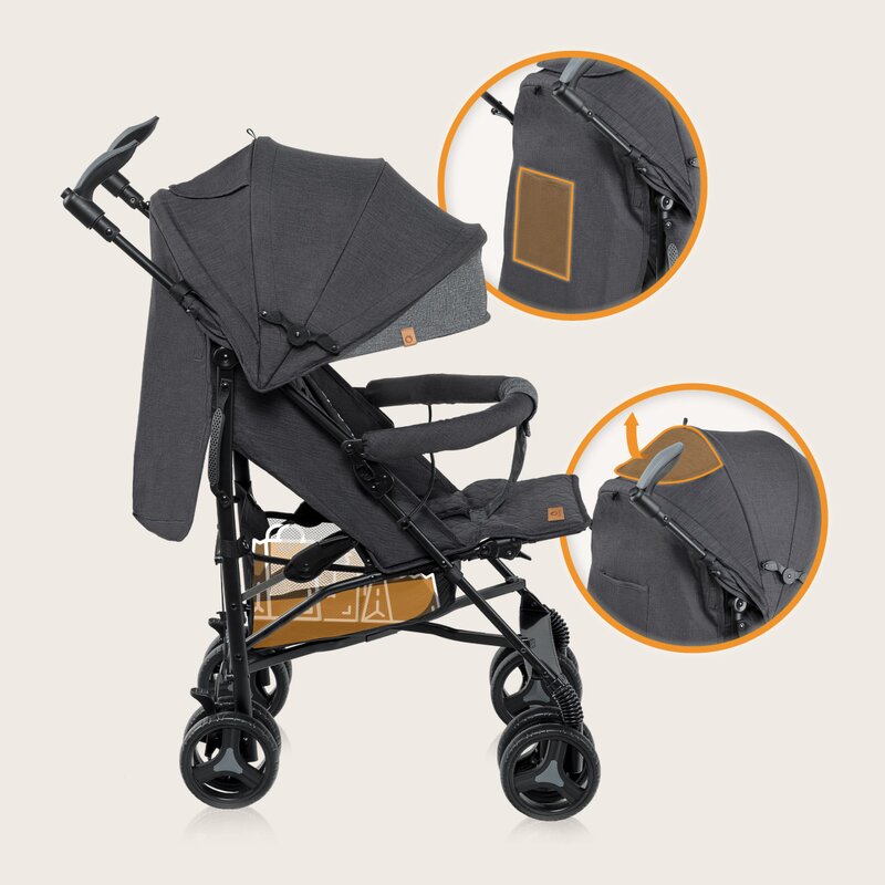 Carucior sport compact, Lionelo, Irma, Spatar reglabil in 4 pozitii, Suport picioare reglabil, Manere rotative, Pliere tip umbrela, 6- 36 luni, Pana la 15 kg, Conform cu EN1888-1:2018, Gri/Negru