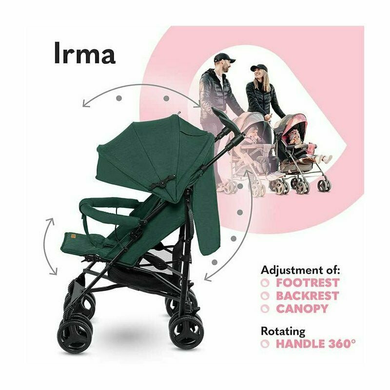 Lionelo - Carucior sport Irma, Cu husa de picioare, Cu plasa de tantari, Conform cu standardul european de securitate EN1888-1, Verde Inchis, Resigilat - gogobaby.ro