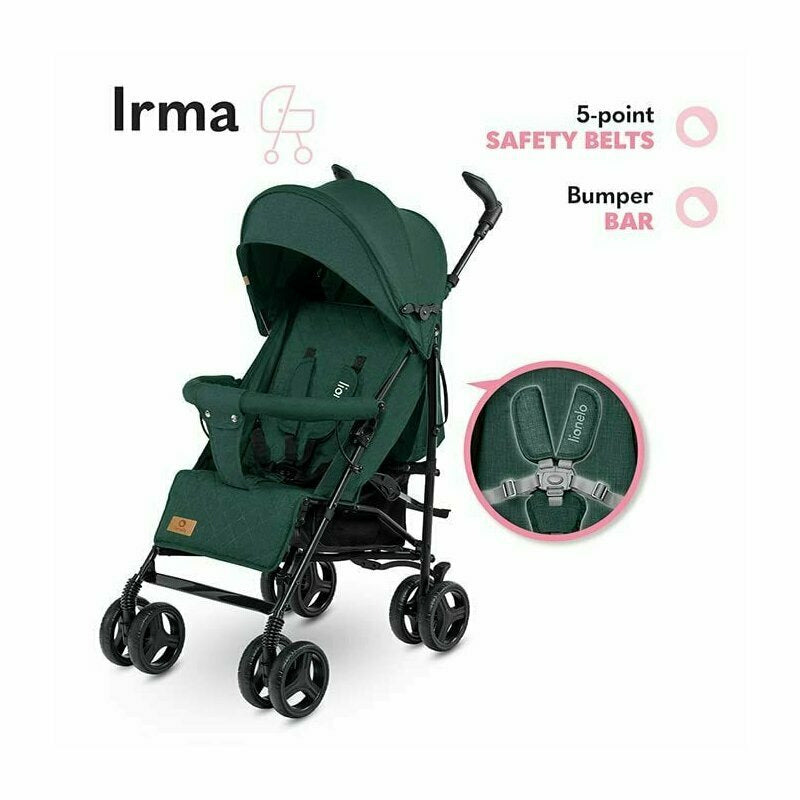 Lionelo - Carucior sport Irma, Cu husa de picioare, Cu plasa de tantari, Conform cu standardul european de securitate EN1888-1, Verde Inchis, Resigilat - gogobaby.ro