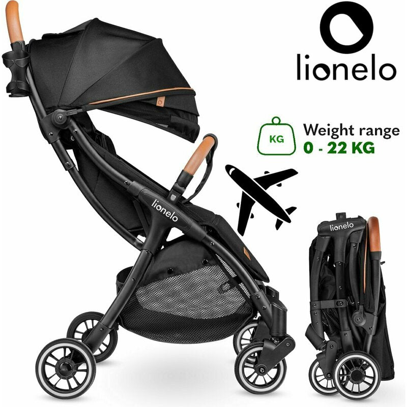 Carucior sport, Lionelo, Julie One, De la nastere, Greutate redusa, Cu accesorii, Cadru din aluminiu, 0-22 kg, Pliere compacta pentru avion, Conform cu standardele europene de securitate EN1888-1 si EN1888-2, Negru