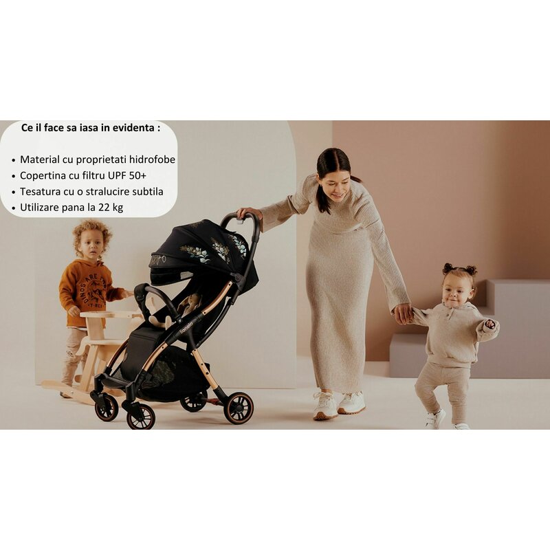 Carucior sport, Lionelo, Julie One, De la nastere, Greutate redusa, Cu accesorii, Cadru din aluminiu, 0-22 kg, Pliere compacta pentru avion, Conform cu standardele europene de securitate EN1888-1 si EN1888-2, Negru