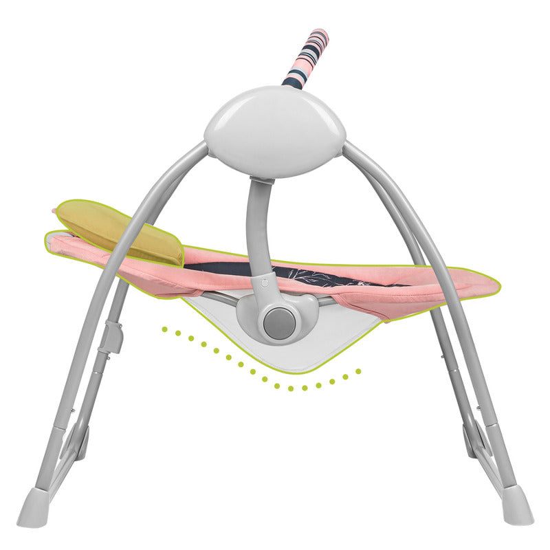 Fotoliu balansoar, Lionelo, Electric, Ruben, Cu spatar reglabil, Cu 12 melodii relaxante si sunete ale naturii, Cu 3 programe de balansare automata, Conform cu standardul european EN 16232, 68x65 cm, Roz