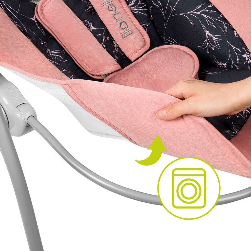 Fotoliu balansoar, Lionelo, Electric, Ruben, Cu spatar reglabil, Cu 12 melodii relaxante si sunete ale naturii, Cu 3 programe de balansare automata, Conform cu standardul european EN 16232, 68x65 cm, Roz
