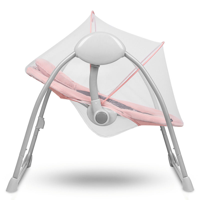 Fotoliu balansoar, Lionelo, Electric, Ruben, Cu spatar reglabil, Cu 12 melodii relaxante si sunete ale naturii, Cu 3 programe de balansare automata, Conform cu standardul european EN 16232, 68x65 cm, Roz