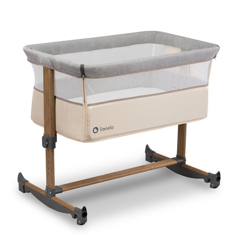 Patut co-sleeper, Lionelo, Leonie, Cu sistem de leganare, Cu setare unghiulara, Reglabil in 5 pozitii pe inaltime, Conform cu standardele europeane de securitate EN1130 si EN16890, Beige Sand - gogobaby.ro