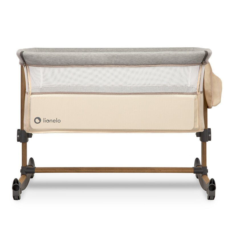 Patut co-sleeper, Lionelo, Leonie, Cu sistem de leganare, Cu setare unghiulara, Reglabil in 5 pozitii pe inaltime, Conform cu standardele europeane de securitate EN1130 si EN16890, Beige Sand - gogobaby.ro