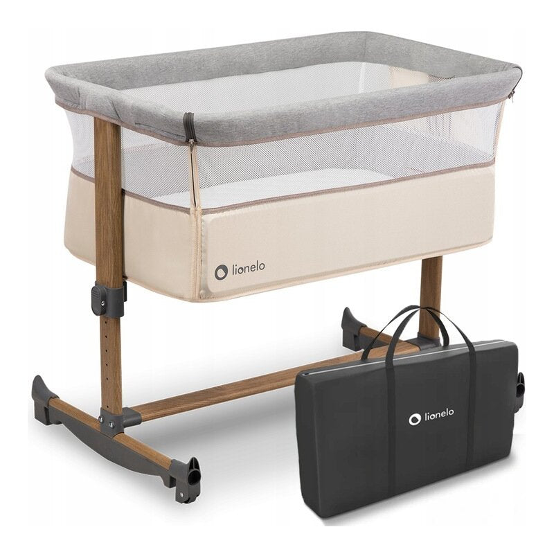 Patut co-sleeper, Lionelo, Leonie, Cu sistem de leganare, Cu setare unghiulara, Reglabil in 5 pozitii pe inaltime, Conform cu standardele europeane de securitate EN1130 si EN16890, Beige Sand - gogobaby.ro