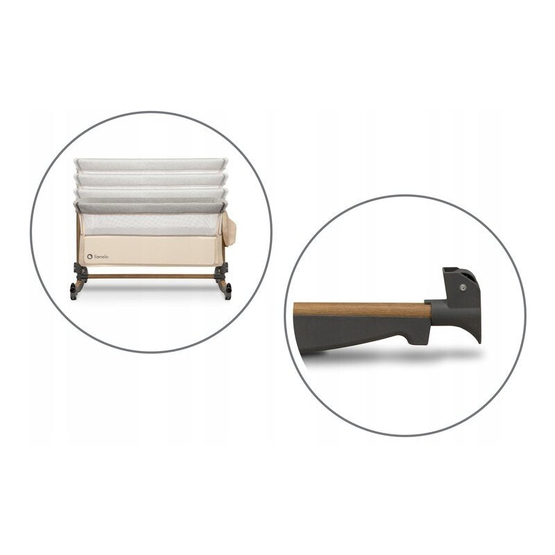 Patut co-sleeper, Lionelo, Leonie, Cu sistem de leganare, Cu setare unghiulara, Reglabil in 5 pozitii pe inaltime, Conform cu standardele europeane de securitate EN1130 si EN16890, Beige Sand - gogobaby.ro