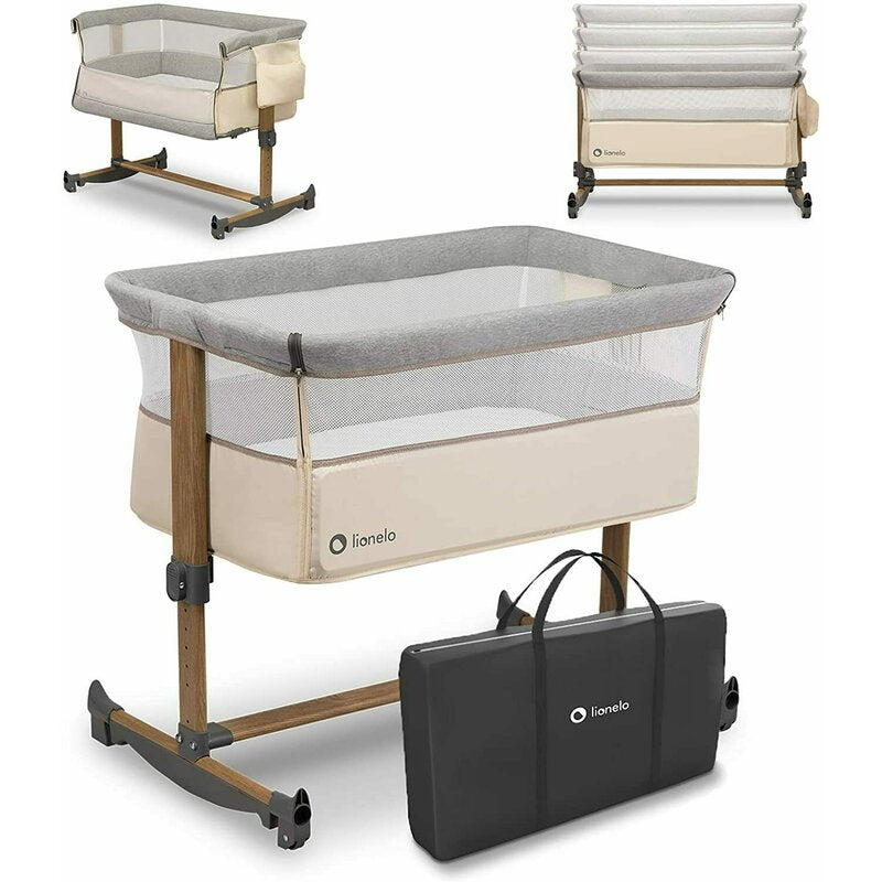 Patut co-sleeper, Lionelo, Leonie, Cu sistem de leganare, Cu setare unghiulara, Reglabil in 5 pozitii pe inaltime, Conform cu standardele europeane de securitate EN1130 si EN16890, Beige Sand - gogobaby.ro