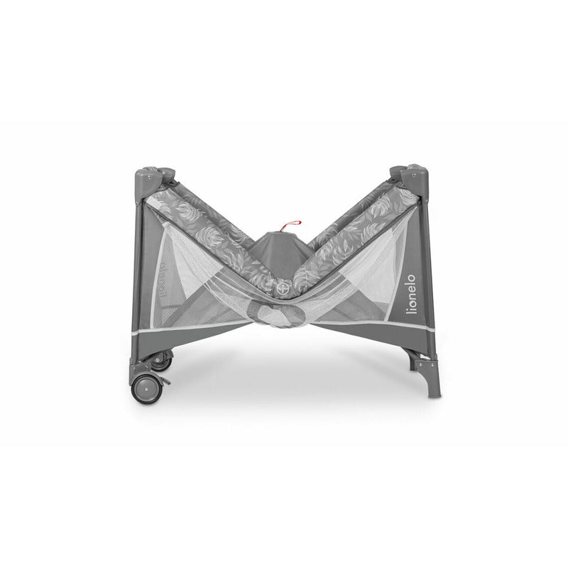 Patut pliant, Lionelo, Flower, Cu doua nivele, Cu arcada, Geanta transport, Masuta de infasat, Bara cu jucarii, Fereastra laterala, 120x60 cm, Conform cu standardele europeane de securitate EN 716 si EN12221, Gri - gogobaby.ro