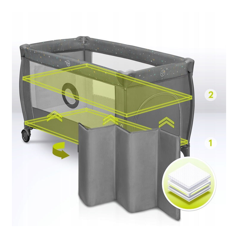 Patut pliant, Lionelo, Stefi Plus, Cu doua nivele, Cu intrare laterala cu fermoar, 2 roti, 120 x 60 cm, Conform cu standardul european de securitate EN 716, Gri/ Multicolor - gogobaby.ro