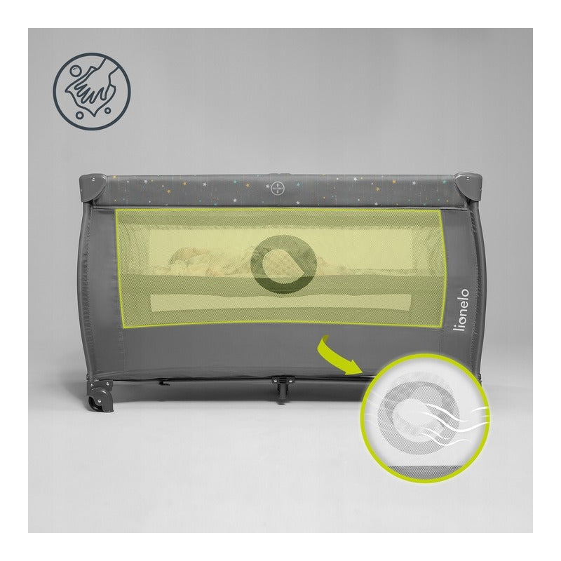 Patut pliant, Lionelo, Stefi Plus, Cu doua nivele, Cu intrare laterala cu fermoar, 2 roti, 120 x 60 cm, Conform cu standardul european de securitate EN 716, Gri/ Multicolor - gogobaby.ro