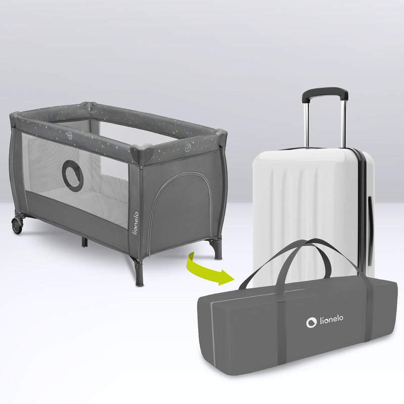 Patut pliant, Lionelo, Stefi Plus, Cu doua nivele, Cu intrare laterala cu fermoar, 2 roti, 120 x 60 cm, Conform cu standardul european de securitate EN 716, Gri/ Multicolor - gogobaby.ro