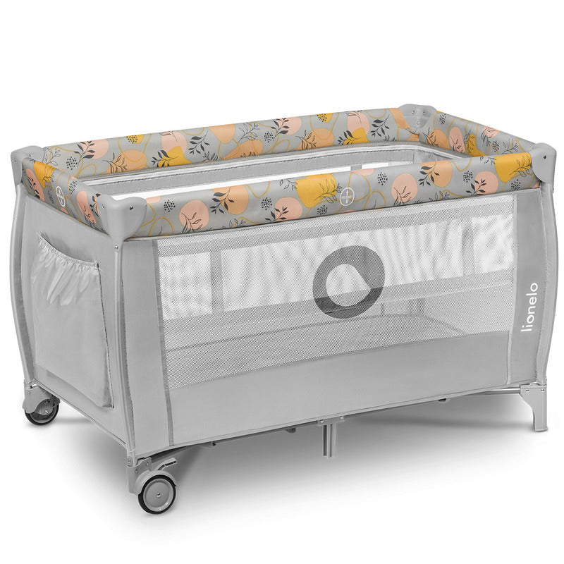 Patut pliant, Lionelo, Stefi Plus, Cu doua nivele, Cu intrare laterala cu fermoar, 2 roti, 120 x 60 cm, Conform cu standardul european de securitate EN 716, Roz/Galben