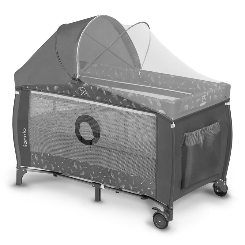 Patut pliant, Lionelo, Sven Plus, 120x60 cm, Cu doua nivele, Cu arcada jucarii, masuta de infasat, vibratii, melodii, conform cu standardele europeane de securitate EN716 si EN12221, Grey
