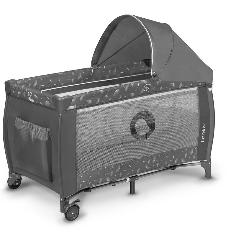 Patut pliant, Lionelo, Sven Plus, 120x60 cm, Cu doua nivele, Cu arcada jucarii, masuta de infasat, vibratii, melodii, conform cu standardele europeane de securitate EN716 si EN12221, Grey